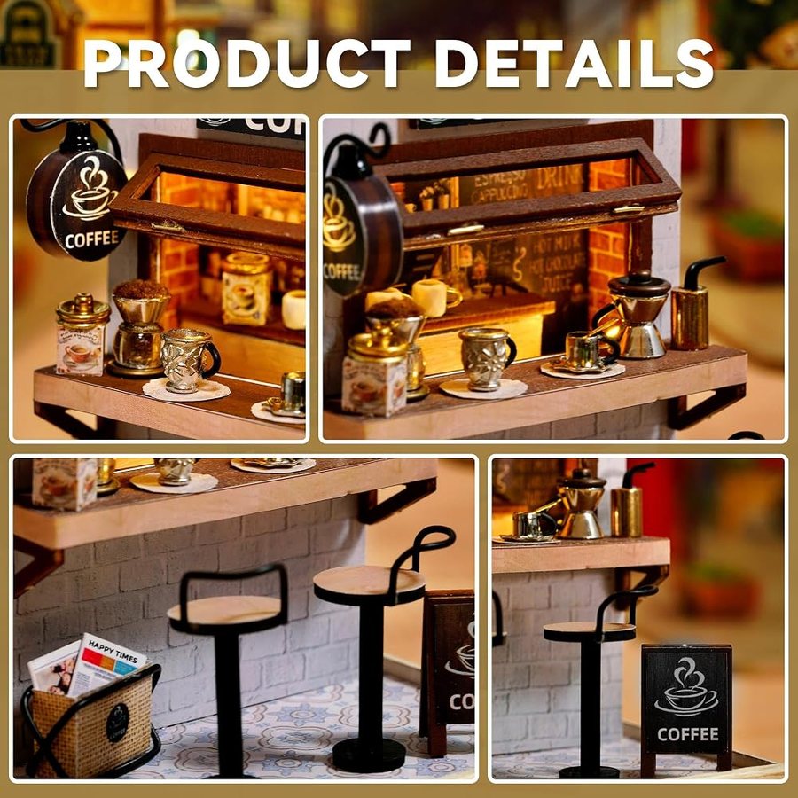 Flever Coffee Time DIY miniature house kit — finished and lit