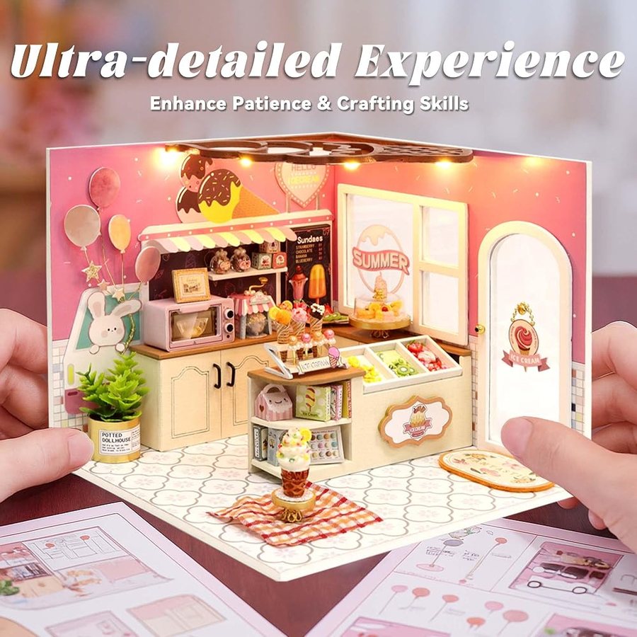 Flever Happiness Ice Cream Shop DIY miniature house kit — finished and lit