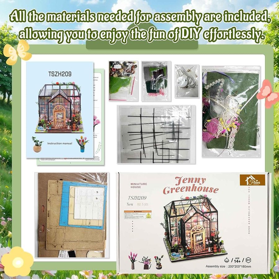 Flever Jenny's Greenhouse DIY miniature house kit — what comes in the box