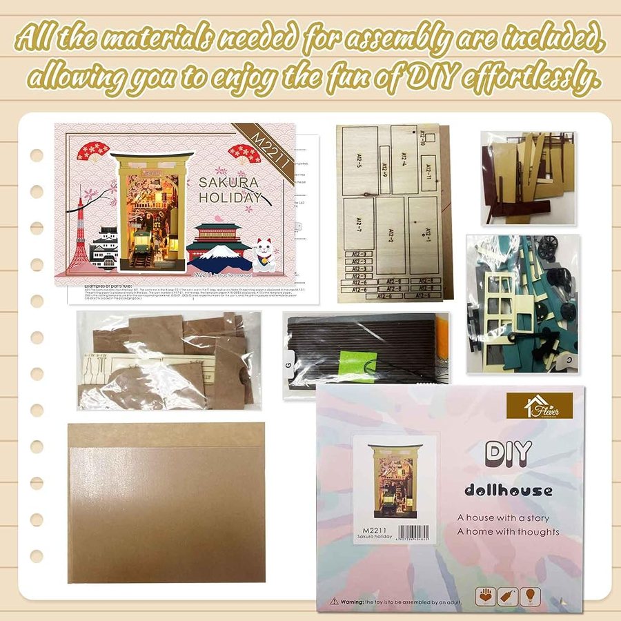 Flever Sakura Holiday DIY miniature house kit — finished and lit