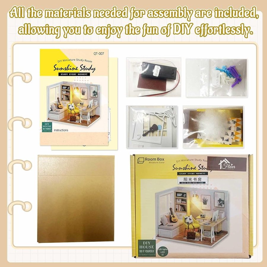 Flever Sunny Study DIY miniature house kit — finished and lit